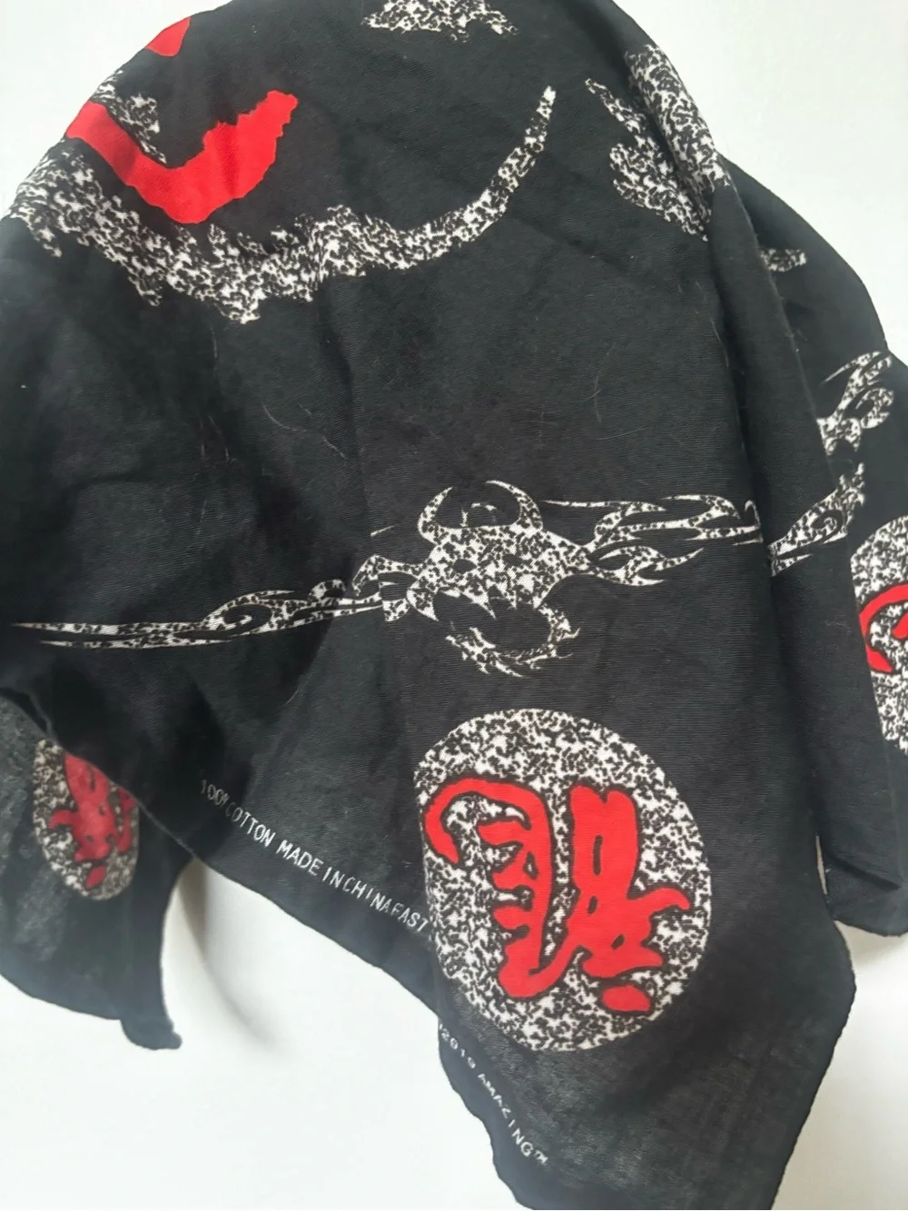 Black Bandana Scarf with Red Chinese Character and Silver Sparkle Design